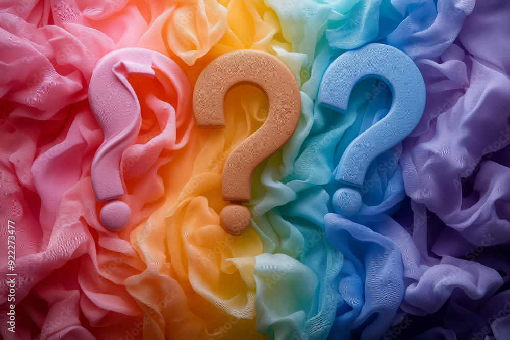 Poster a swirl of question marks in soft tones, with one question mark in a radiant rainbow gradient, set a