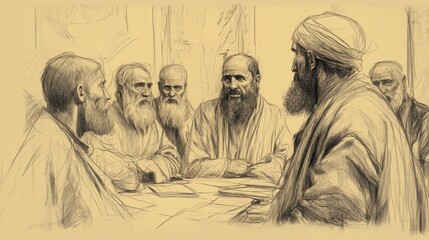 Fototapeta premium Biblical Illustration: Absalom meets with his loyal supporters in a private chamber, planning his next steps with a look of determination, set against a beige background for Bible wall art.