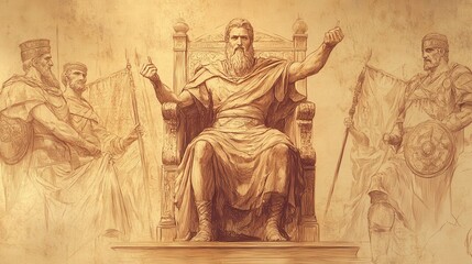 Biblical Illustration: David, accepting tributes from defeated kings, sits on a throne with banners of conquered nations displayed around him, set against a beige background for Bible wall art.