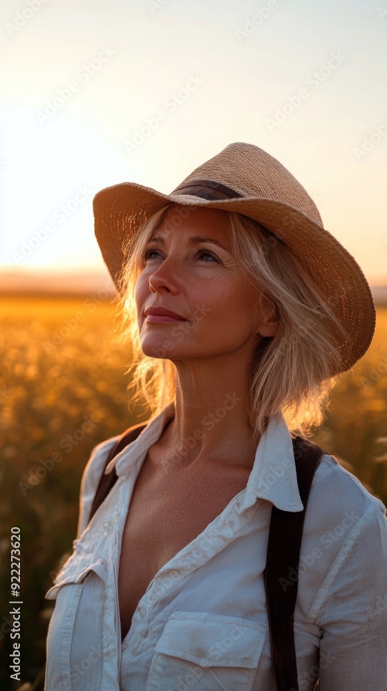 Poster Blonde woman wearing a hat looking up at the sky while standing in a field