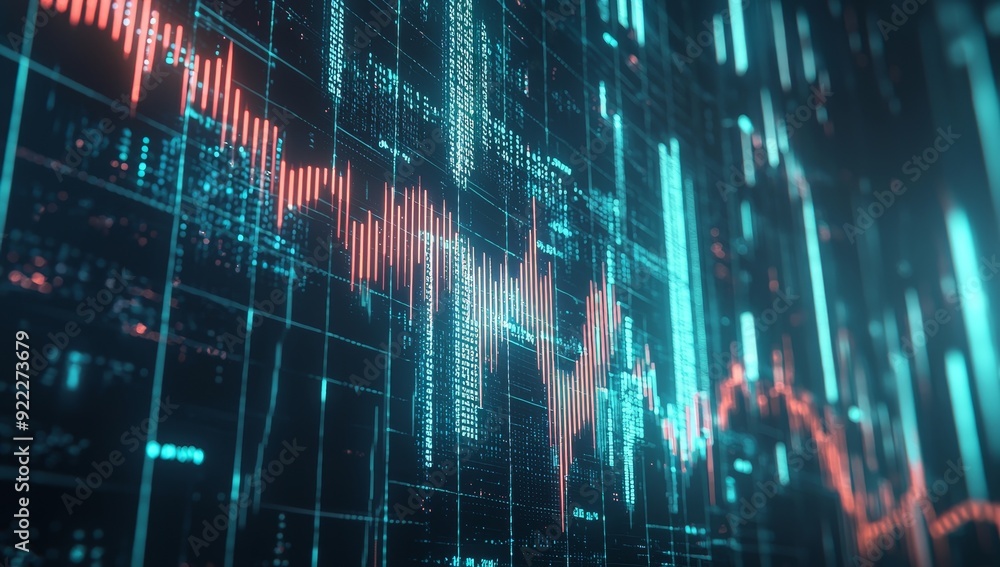 Poster graphs and indicators for digital financial charts showing stock market growth and decline.
