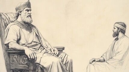 Fototapeta premium Biblical Illustration: David, seated on his throne, listens intently as Ziba kneels before him, presenting news about Mephibosheth, set against a beige background for Bible wall art.