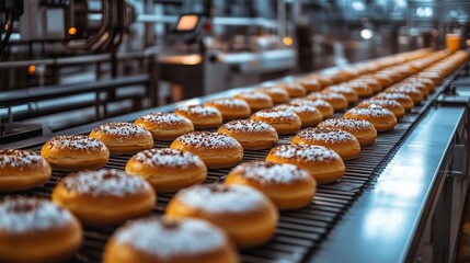 A close-up view of freshly glazed doughnuts topped with white sprinkles moving along a conveyor belt in an industrial food production line