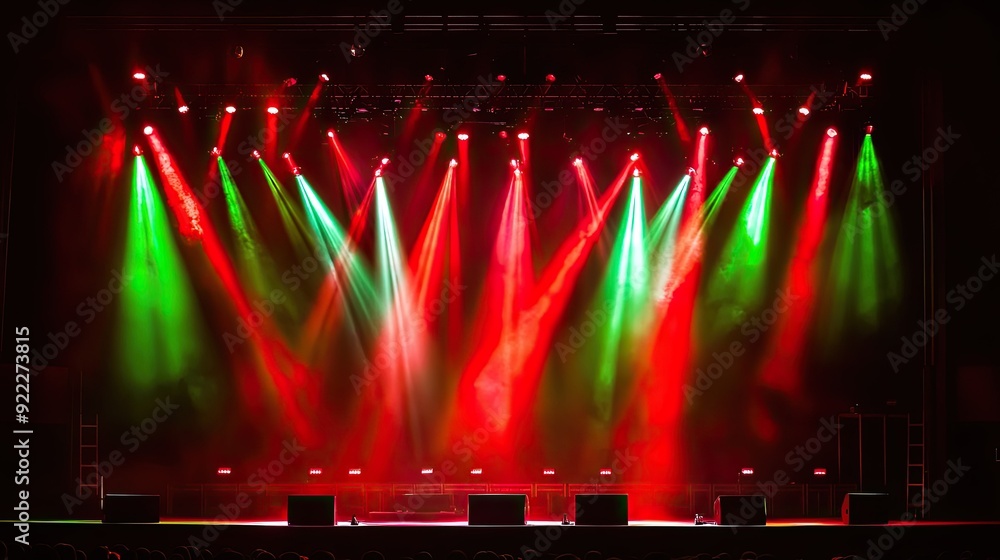 Poster dynamic concert stage lights with red and green hues, creating an exciting visual for a dance perfor