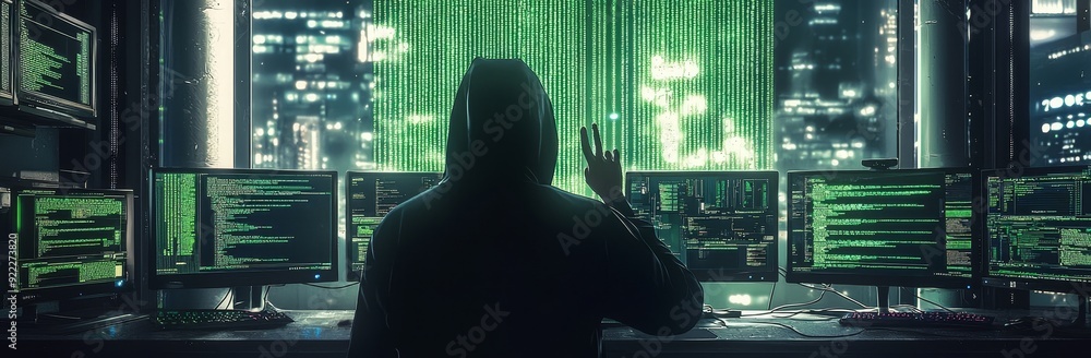 Poster the poster shows a fictional person as a hacker with copy space - stock image