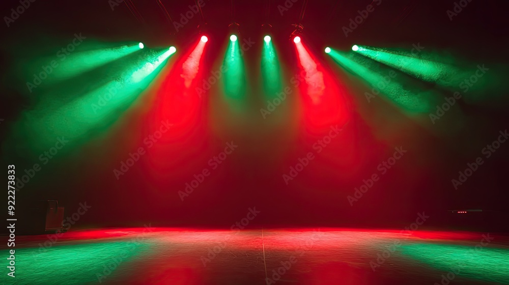 Poster dynamic concert stage lights with red and green hues, creating an exciting visual for a dance perfor