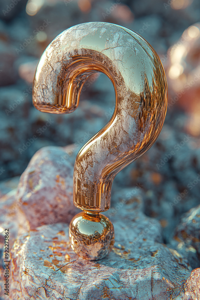 Poster a background of soft grey question marks, with one highlighted in bright gold, set against a pastel 