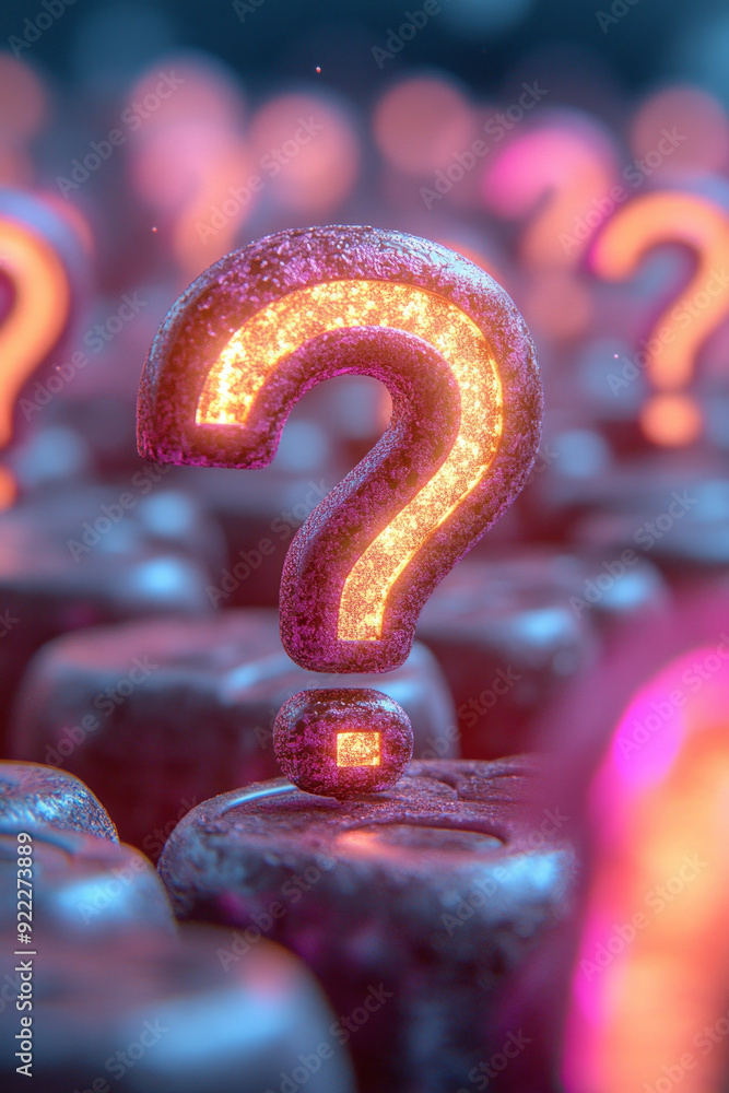 Poster a background of soft grey question marks, with one highlighted in bright gold, set against a pastel 