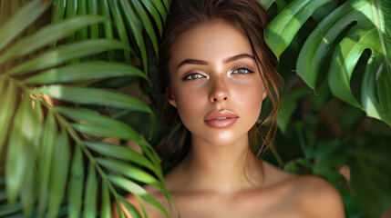 Fototapeta premium Young woman with flawless skin, natural makeup, posing in front of a vibrant tropical plant background with green leaves and ferns
