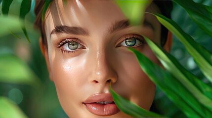 Young woman with flawless skin and natural makeup, posing against a backdrop of tropical green leaves and ferns