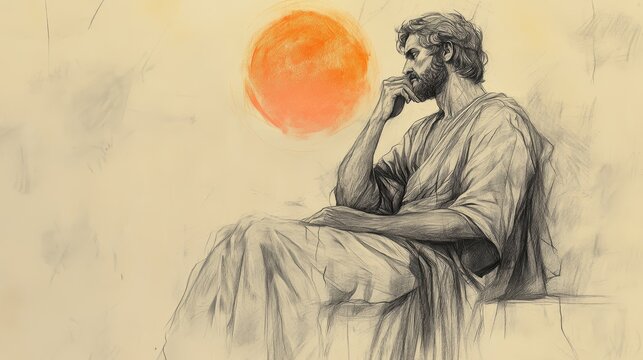 Biblical Illustration of David Hears of Saul’s Death: David Sits in Silence, Deep in Thought as the Sun Sets, Symbolizing the End of Saul’s Reign, 2 Samuel Scene, Bible Wall Art on Beige Background