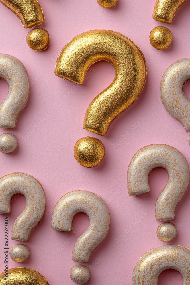 Poster a background of soft grey question marks, with one highlighted in bright gold, set against a pastel 