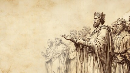 Fototapeta premium Biblical Illustration: King David reaffirming his commitment to justice and the well-being of all tribes of Israel, set against a beige background for Bible wall art.