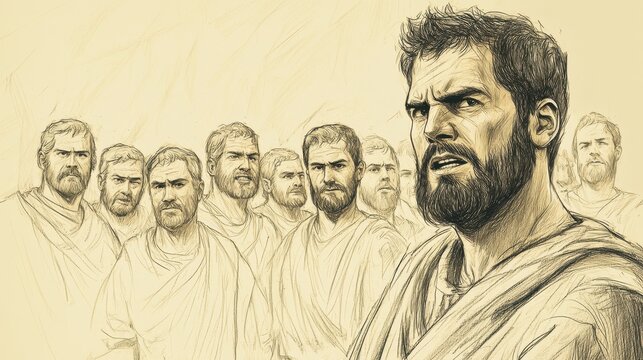 Biblical Illustration: Absalom, with a charismatic expression, addresses a gathering of influential men, convincing them to join his cause, set against a beige background for Bible wall art.