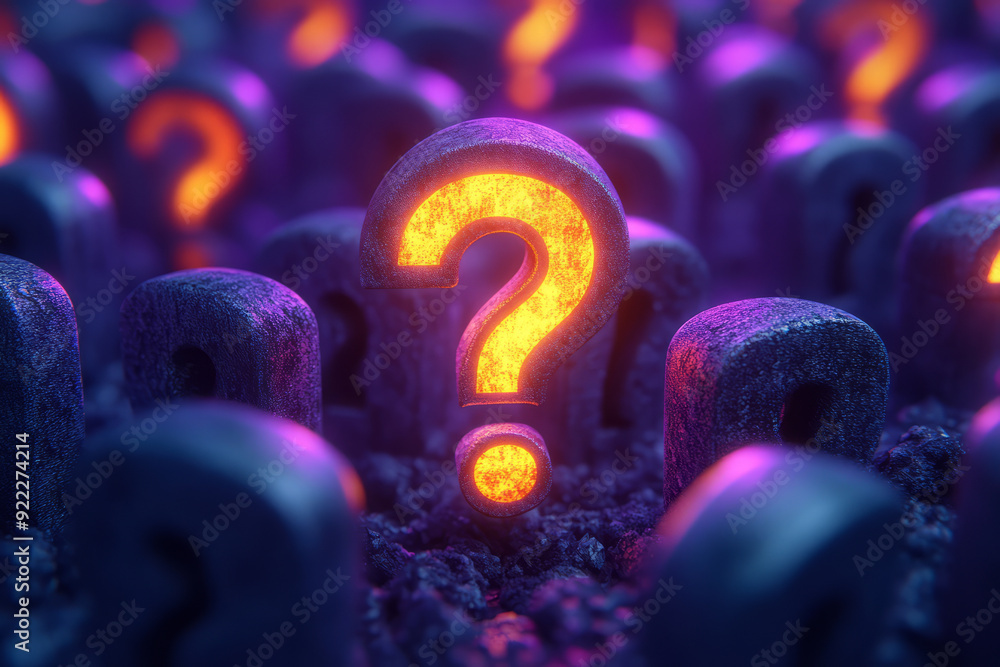 Poster a cluster of dull grey question marks, with one question mark glowing in bright yellow, set against 
