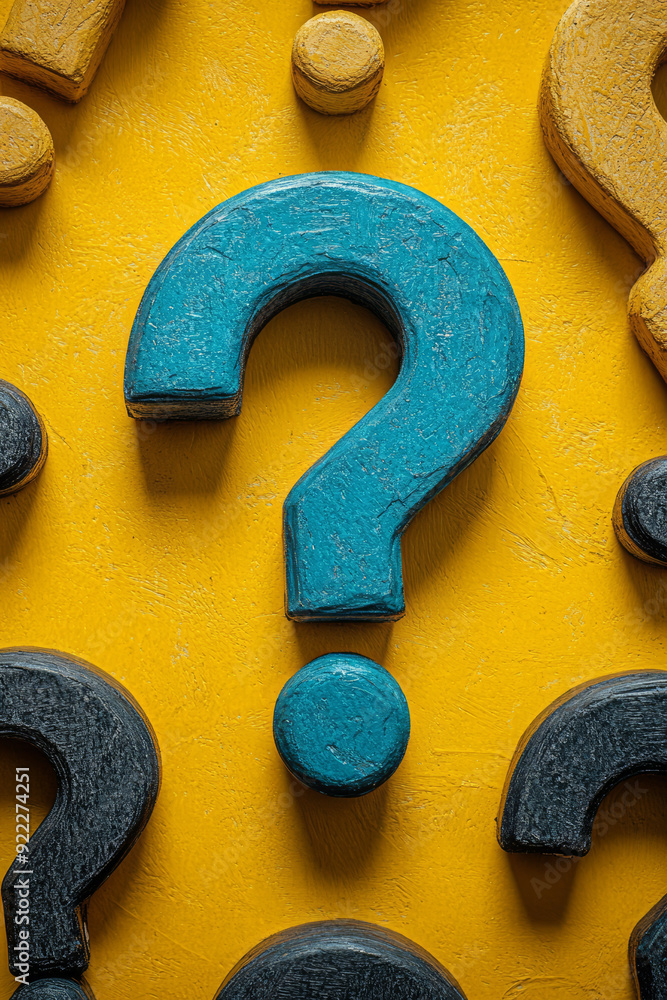 Poster A row of identical dark question marks, with one question mark in vibrant turquoise, isolated on a pastel yellow background,