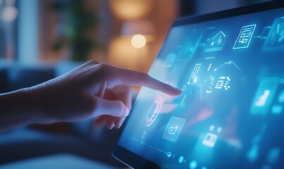 Close-Up of Hand Interacting with a Touch-Screen Smart Hub in a Modern Living Room