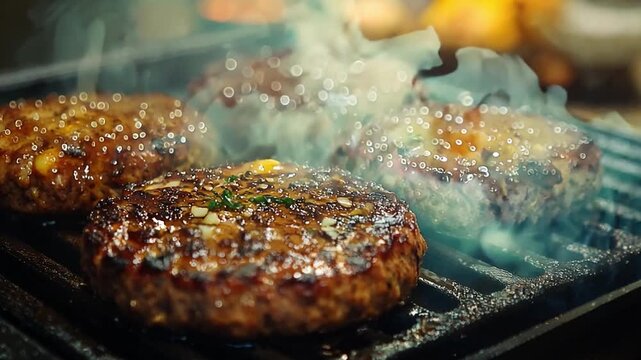 The Succulent burgers are being grilled, releasing aromatic smoke into the air.