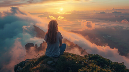 Obraz premium Young woman gazing at a pastel sunrise from a mountain top, surrounded by low-lying clouds, rear view