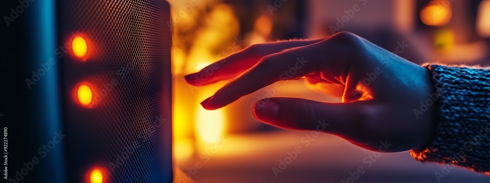 Poster close-up of fingers adjusting volume on a smart speaker's touch interface