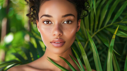 Naklejka premium Woman with radiant skin and natural makeup posing in front of a tropical background filled with green leaves and ferns