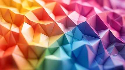 Obraz premium A vibrant, geometric pattern with 3D triangles, showcasing a gradient of colors from red to blue, ideal for backgrounds, presentations, or design projects,