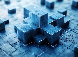 Abstract blue cubes arranged in a geometric pattern on a textured surface suitable for technology themes, business concepts, or digital design backgrounds,
