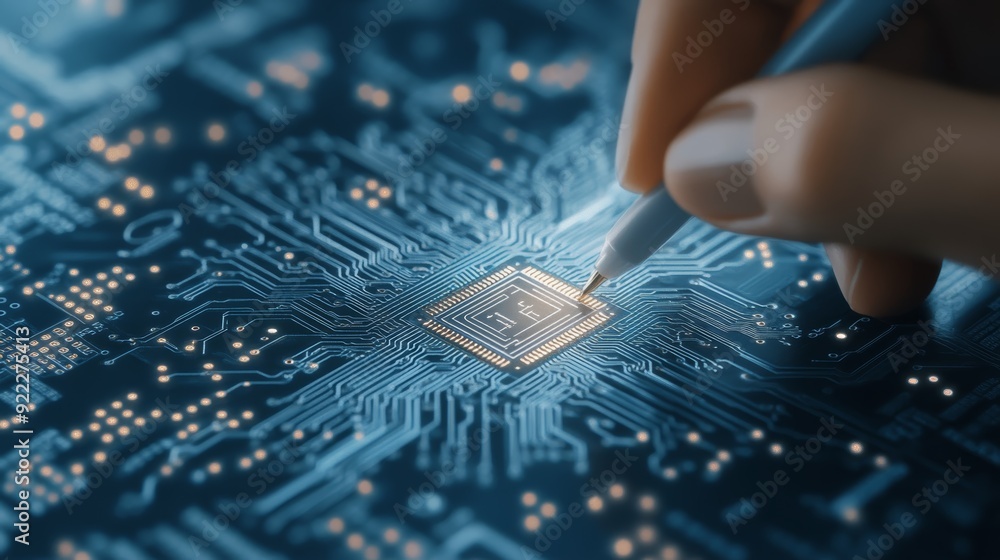 Poster close-up of a person working on a circuit board, highlighting technology and electronics with intric