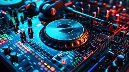 Fototapeta premium A close-up of a DJ mixer with colorful lights and intricate controls for music mixing.