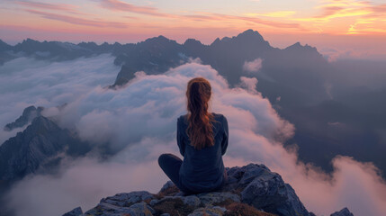 Obraz premium Woman sitting on a mountain peak, admiring the tranquil sunrise with low-lying clouds and pastel hues, rear view