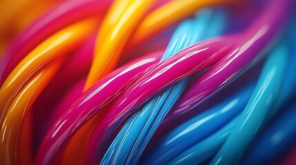 Vibrant, colorful twisted cables, perfect for tech company visuals, advertisements, presentations, and any content needing a dynamic, energetic feel with a bright color palette,