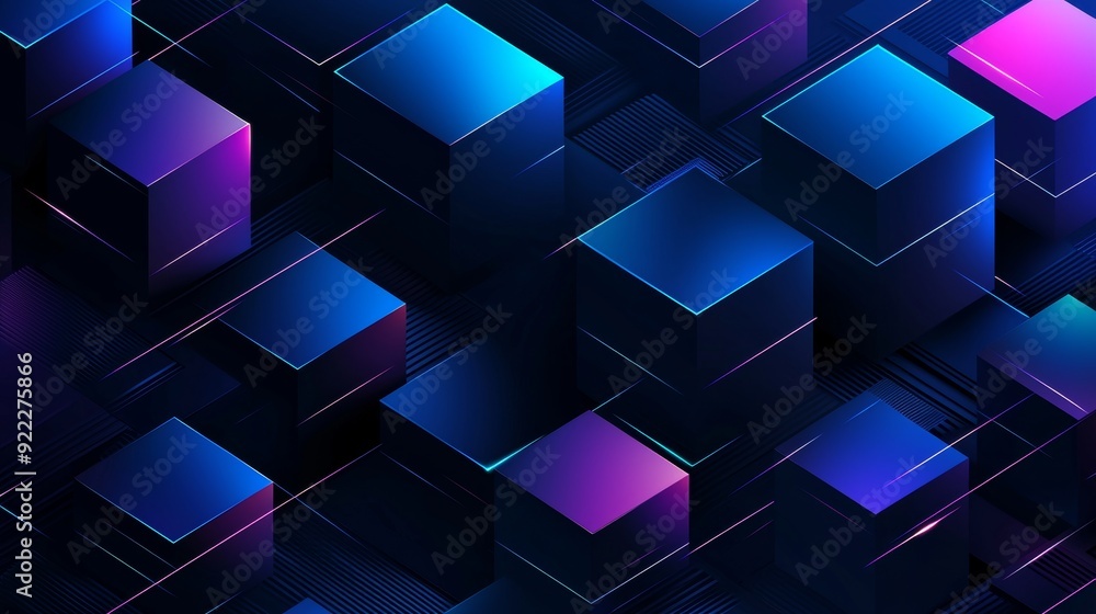 Poster a geometric background with isometric digital blocks illustrates the concept of blockchain technolog