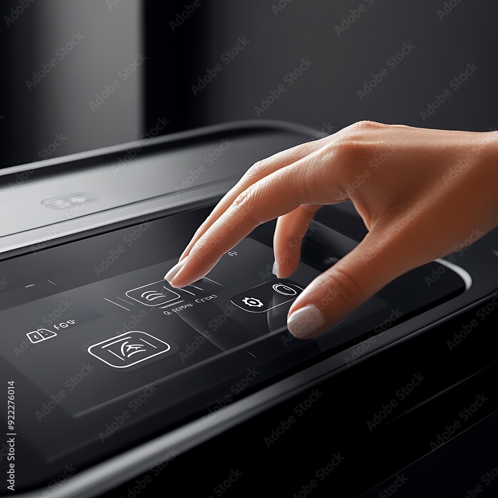 Poster close-up of hand interacting with a smart vacuum's touch screen display