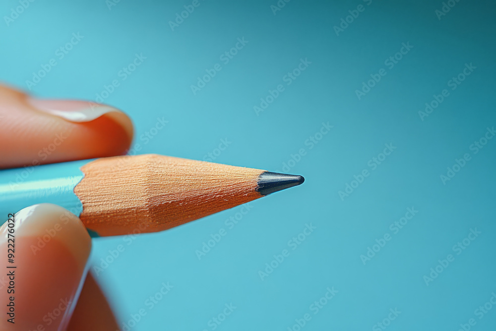 Wall mural a hand holding a pencil, symbolizing learning and writing, isolated on a pastel mint background,