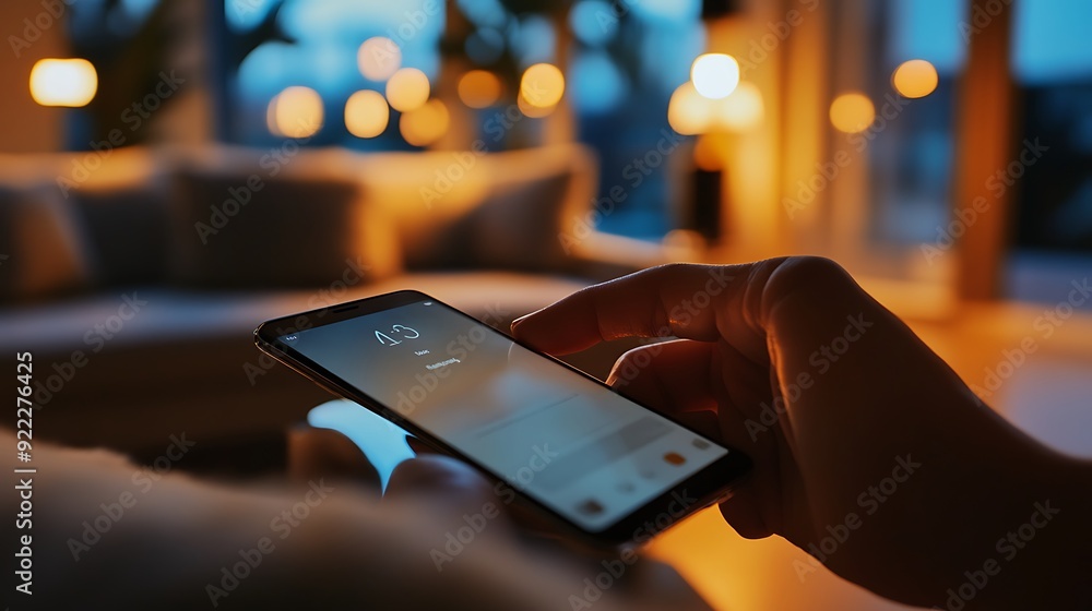 Poster close-up of hand using smartphone app to adjust lighting in a smart home