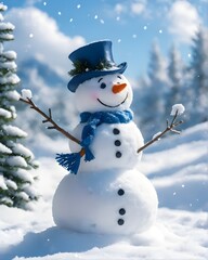 smiling snowman on the snow