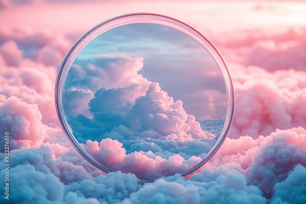 Poster a mirror reflecting a thought bubble, symbolizing introspection, set against a pastel pink backgroun
