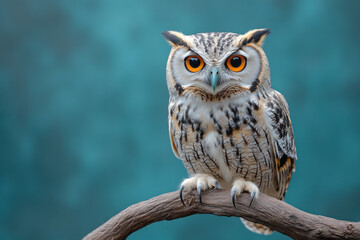 An owl perched on a branch, symbolizing wisdom, isolated on a pastel blue background,