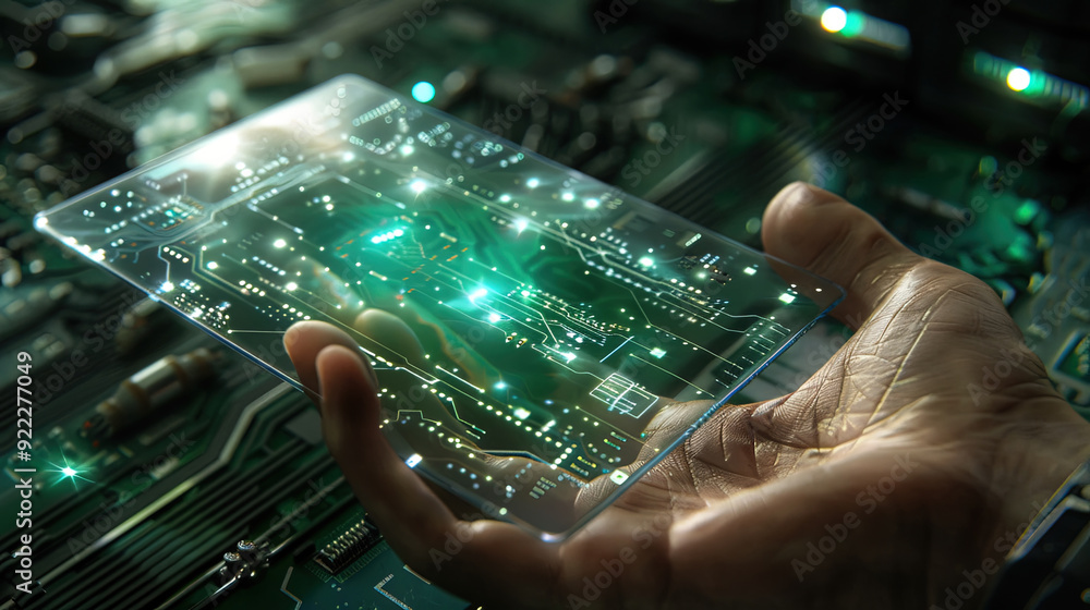 Poster a hand presents a glowing, transparent display with complex circuit designs against a tech backdrop