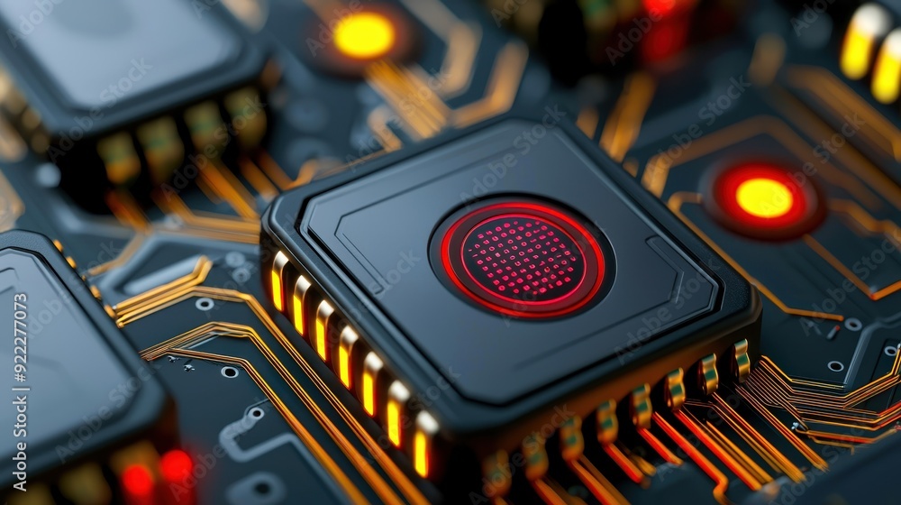 Aufkleber close-up of a circuit board with a microchip and glowing lights, highlighting advanced technology an