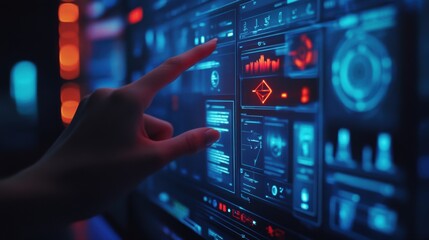 Fototapeta premium A person pointing at a glowing screen with their finger, AI