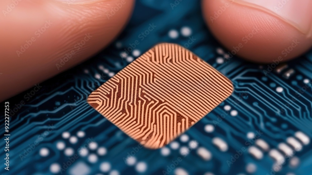 Poster close-up of a hand touching a microchip on a circuit board, showcasing advanced technology and elect
