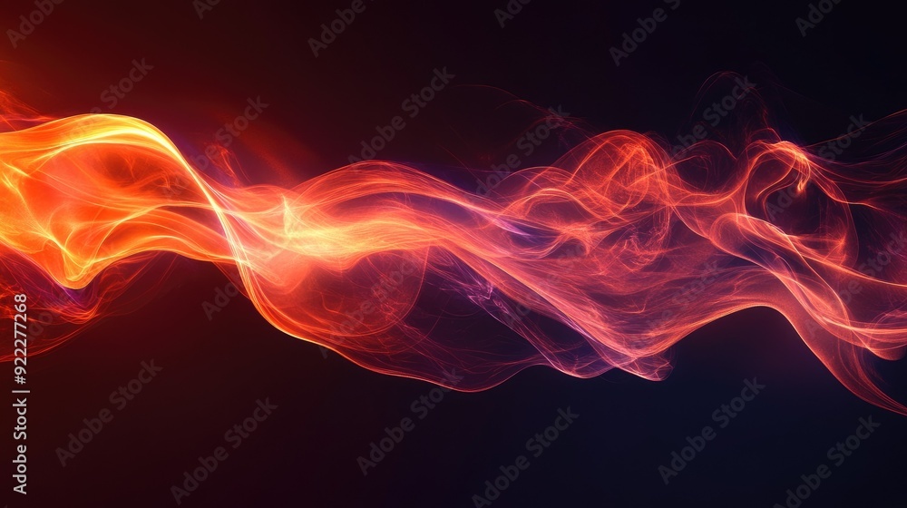 Poster vibrant orange and red 3d smoke graphics, creating dynamic waves against a dark setting
