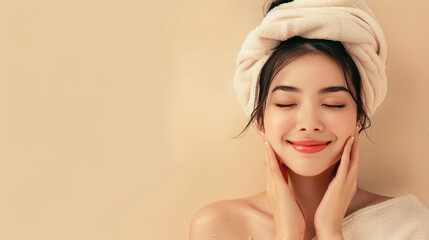 Fototapeta premium Smiling girl enjoying a beauty treatment, looking serene and relaxed, on a beige background, spa and wellness