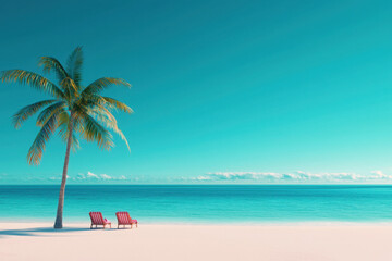 Fototapeta premium A serene beach scene featuring vibrant blue water, a single palm tree, and relaxing red lounge chairs under a clear sky.