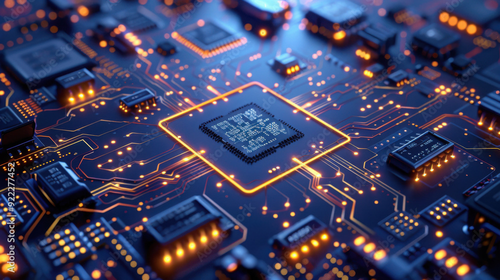 Poster close-up of a modern circuit board with glowing components and intricate details, showcasing technol