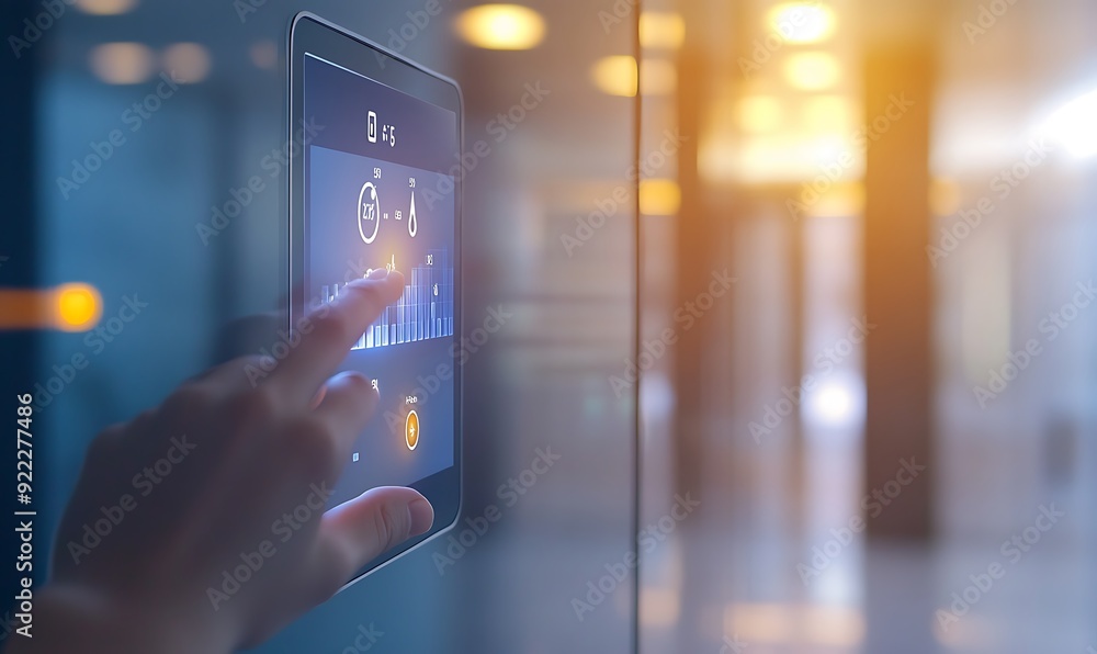 Aufkleber close-up of hand adjusting temperature using a touch-screen thermostat