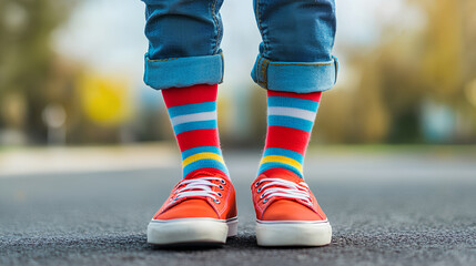 Kid legs with different pair of socks and red sneakers standing in the street outdoors