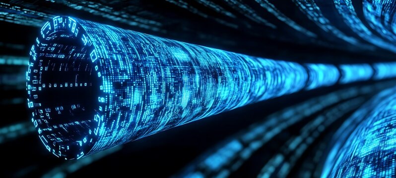 A long digital pipeline shaped by vibrant glowing blue matrix binary code