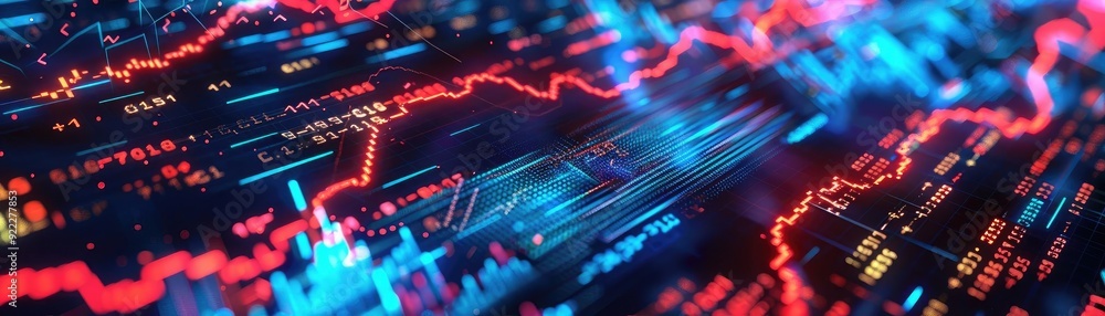 Poster a vibrant digital abstract depicting data trends with colorful lines and glowing elements, represent